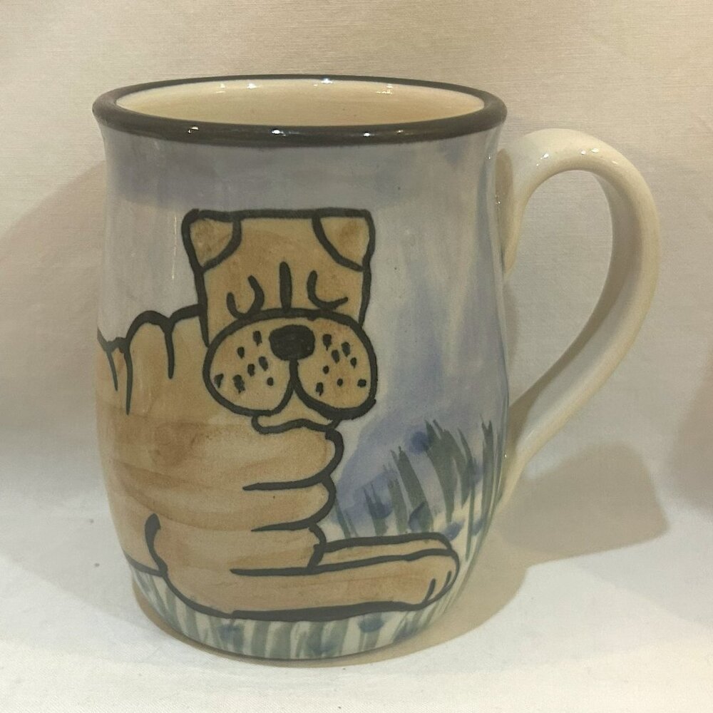 Karen Donleavy Pottery Hand Painted Shar Pei Dog Coffee Mug 15 oz Signed KD
